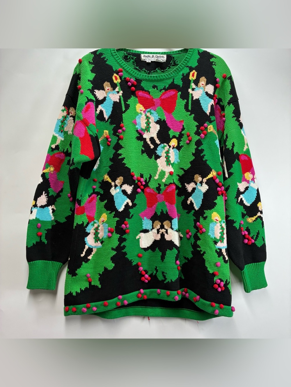 Vintage 90s Jack B Quick Medium AOP Christmas Angel Wreaths Sweater Knit Cotton